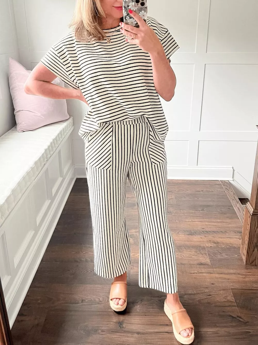 Casual Striped Short Sleeve Top and Wide Leg Pants Two-Piece Set, image 3