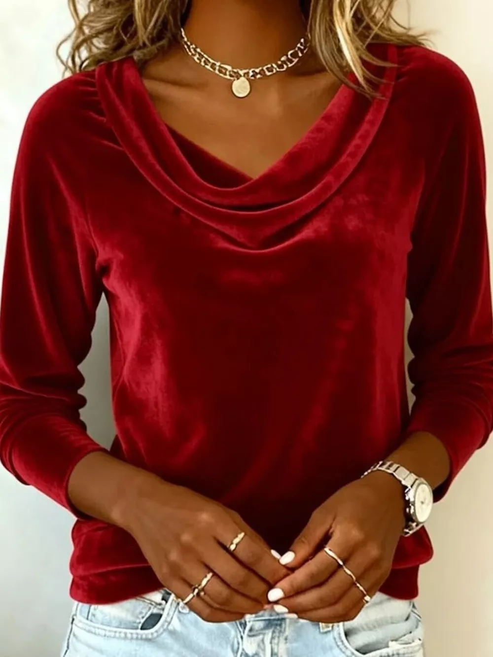 Velvet Cowl Neck Long Sleeve T-Shirt, image 14
