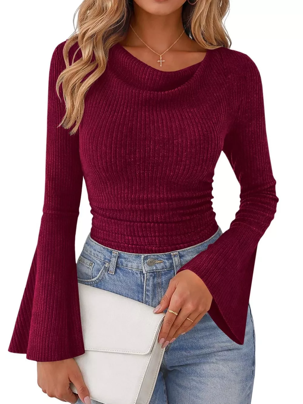 Ribbed Knit Cowl Neck Flared Sleeves Top, image 4