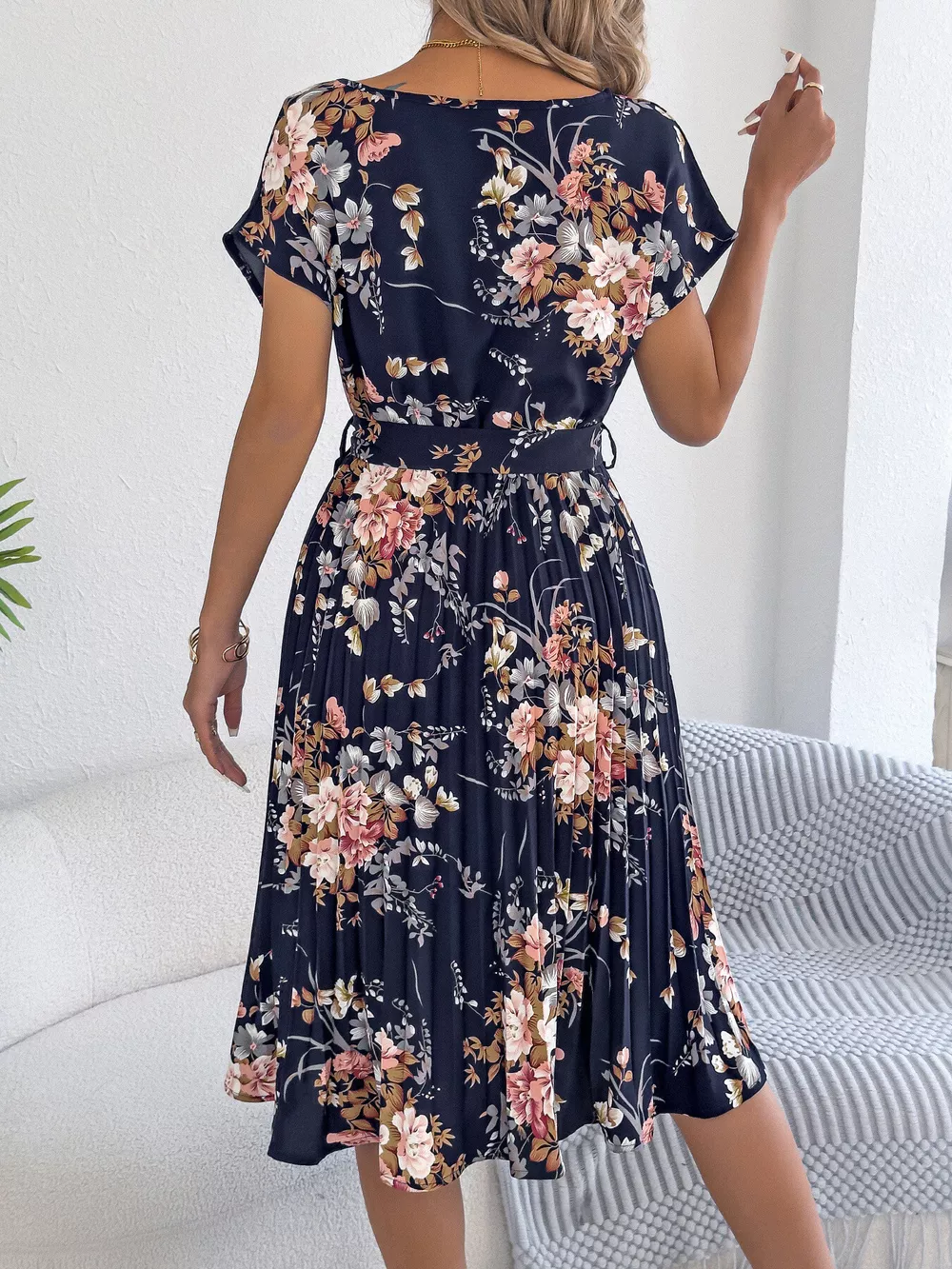 Floral Print Pleated A-Line Midi Dress, image 8