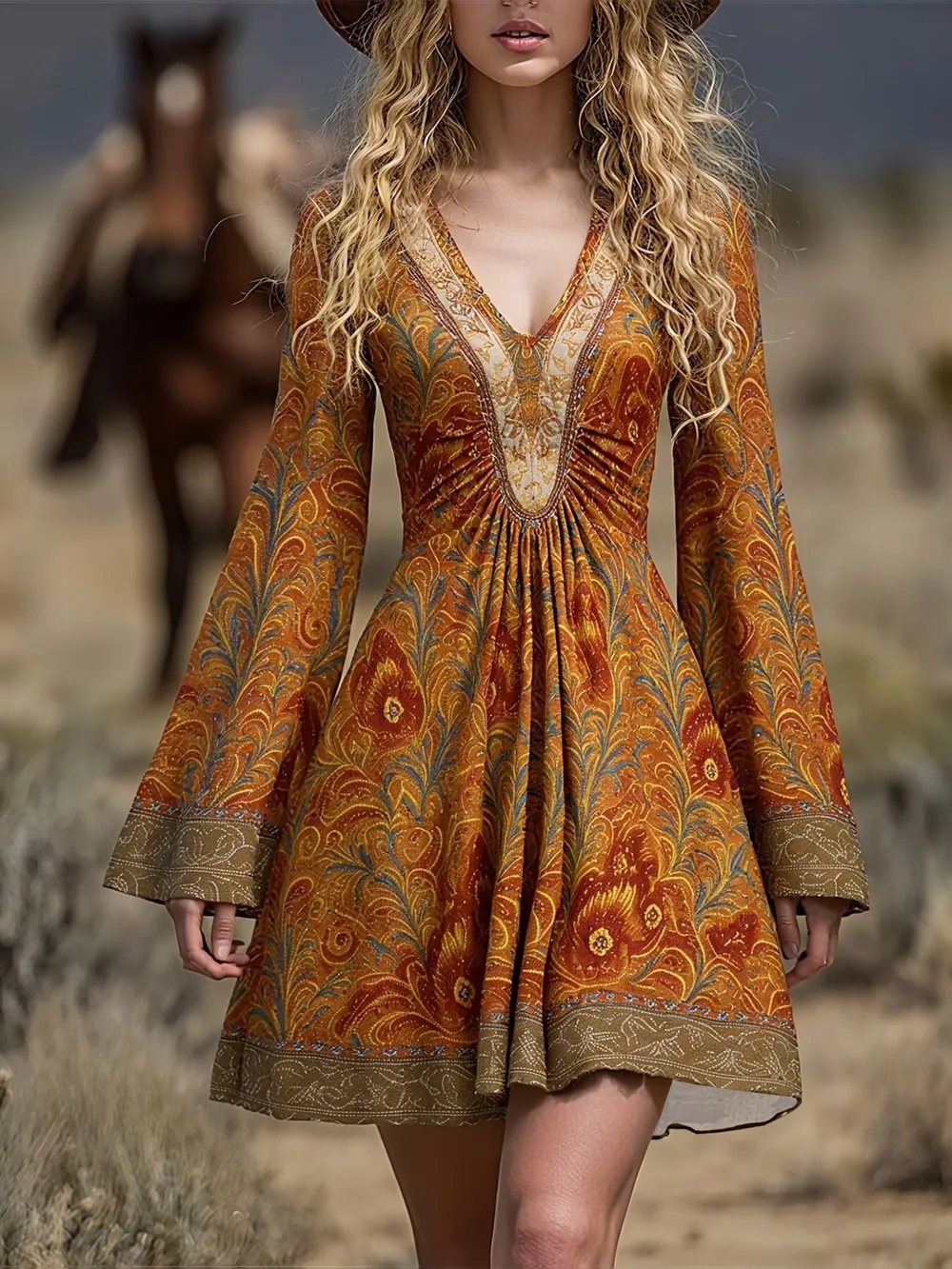 Printed V-Neck Flare Sleeve Dress, image 2