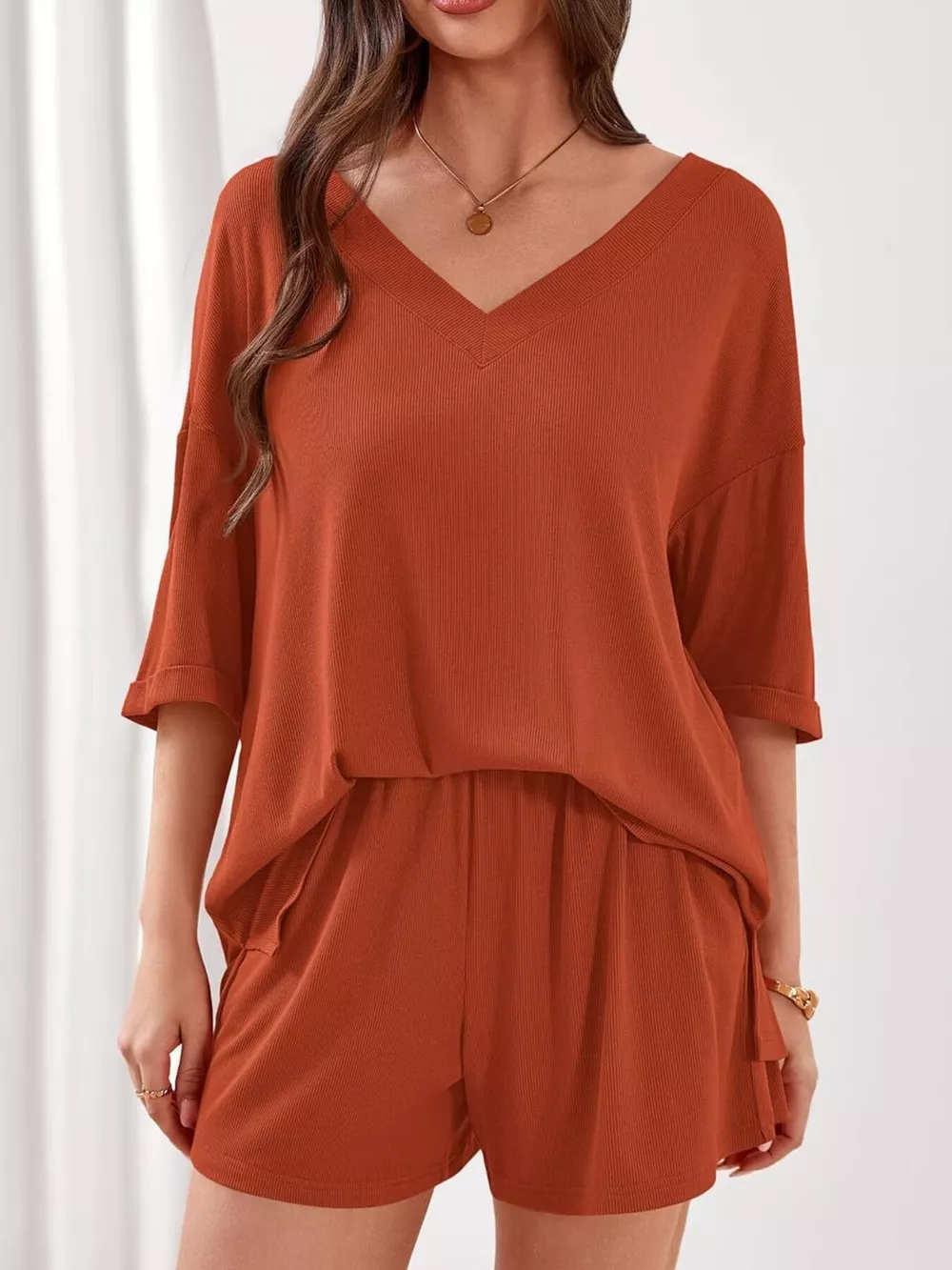 Casual Solid Color V-Neck Top & Shorts Set, image 8