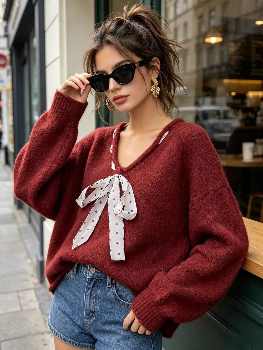 Chic V-Neck Sweater with Polka Dot Ribbon Tie, image 18