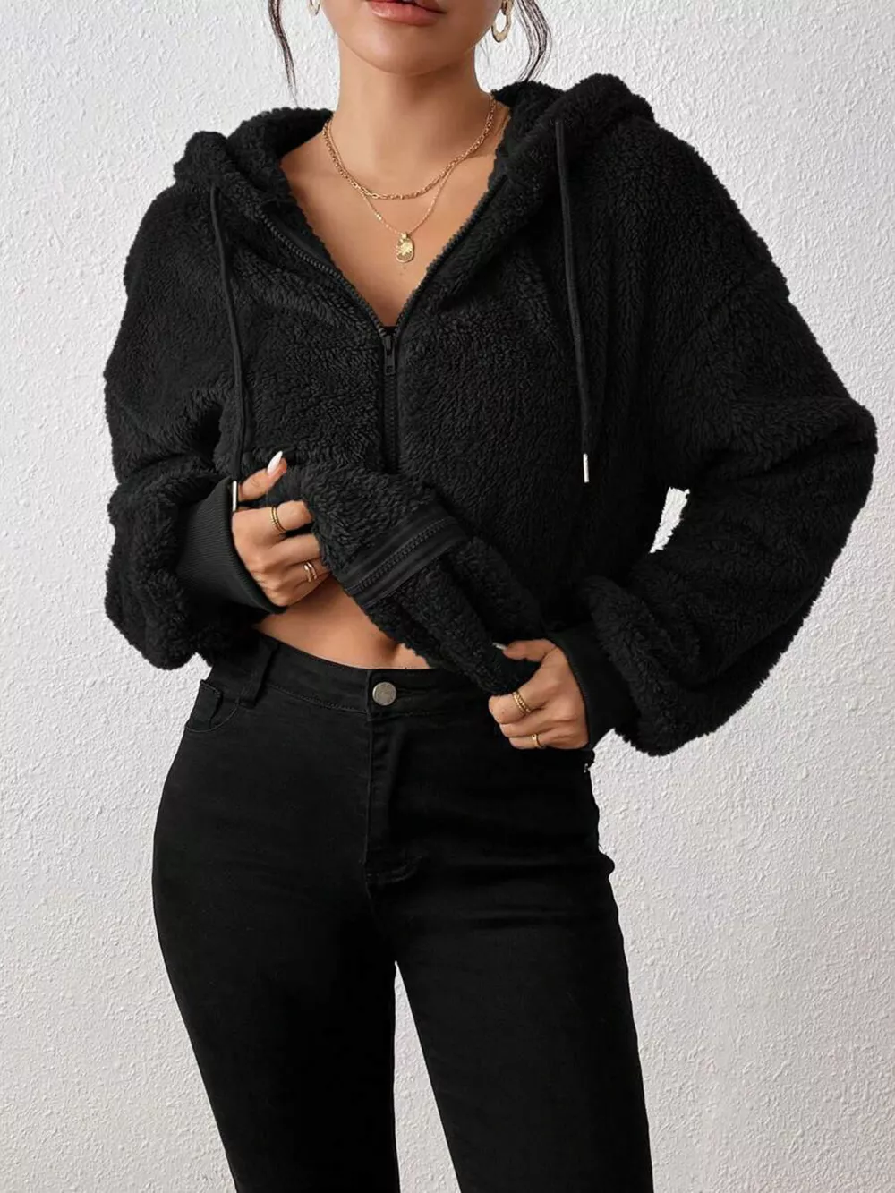 Zip-Up Plush Hooded Outerwear