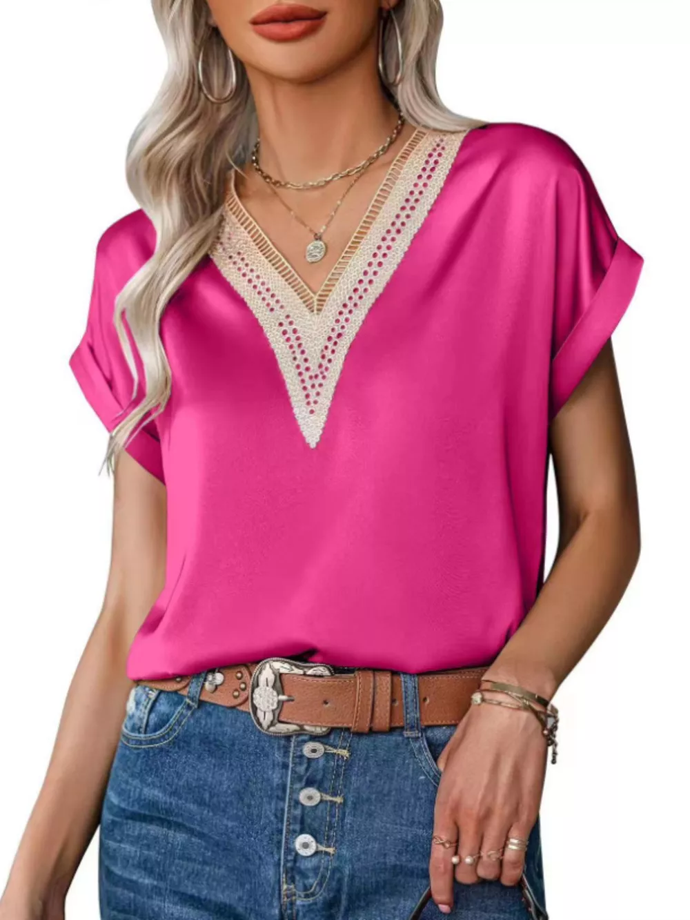 V-Neck Short Sleeve Satin Top, image 4