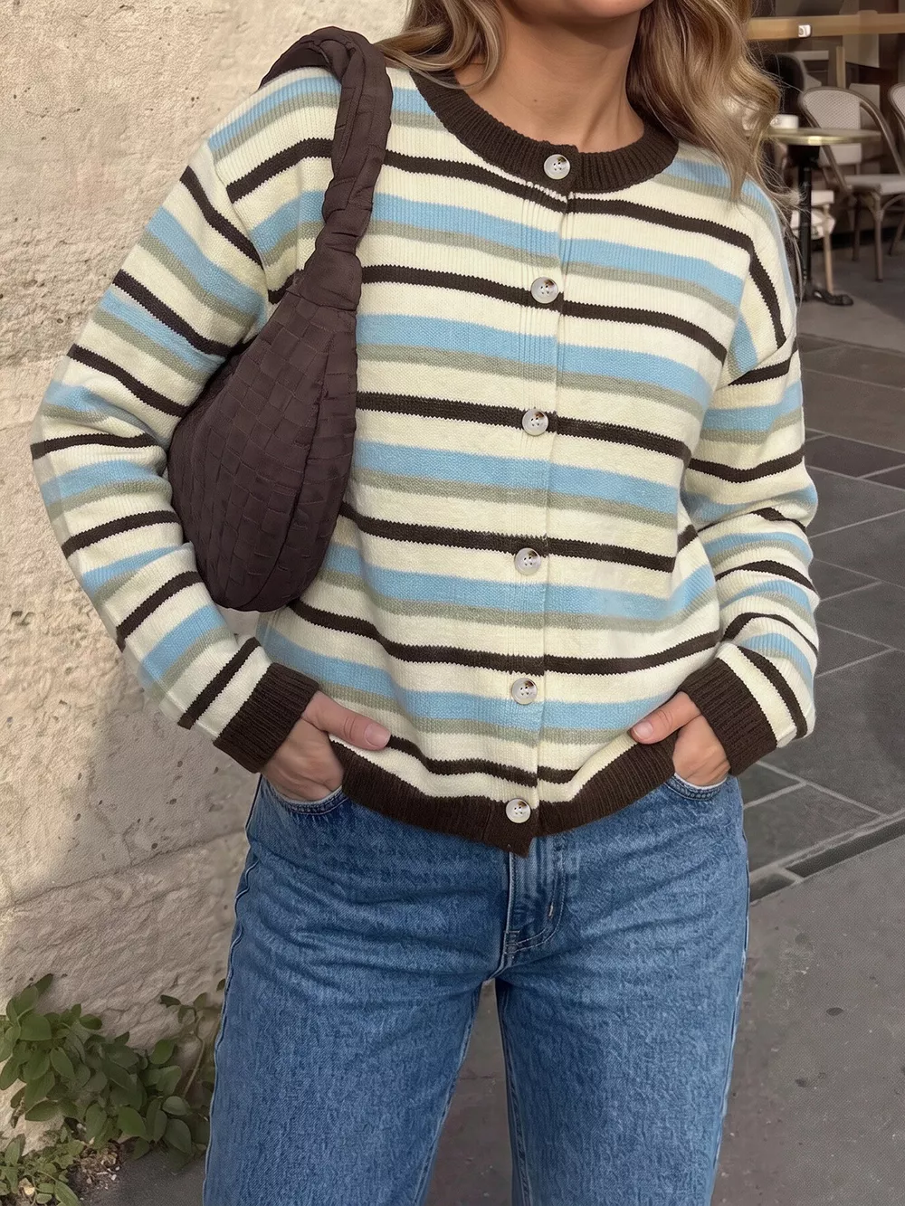 Striped Crew Neck Button-Down Cardigan, image 4