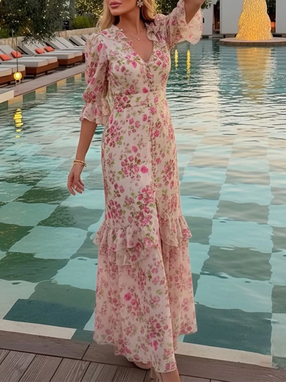 Full Size Ruffled Button Front Half Sleeve Dress Plus Size, image 4