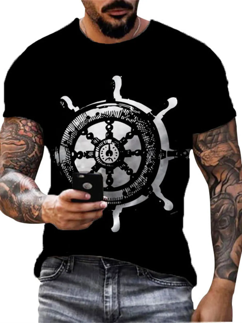 Men's Full Size Artistic Compass Graphic Round Neck T-Shirt Plus Size, image 7