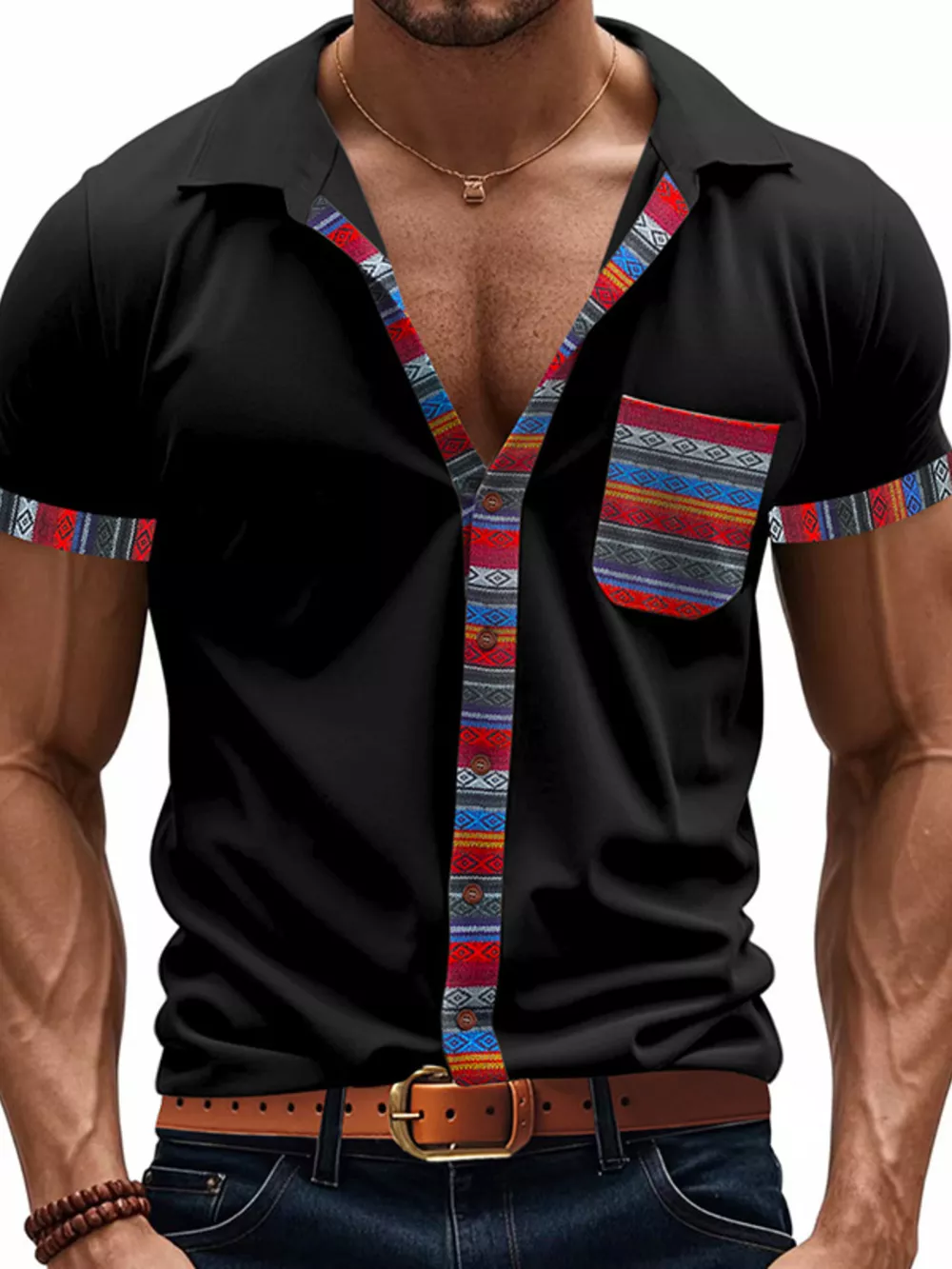 Men's Full Size Short Sleeve Shirt with Colorful Trim Plus Size