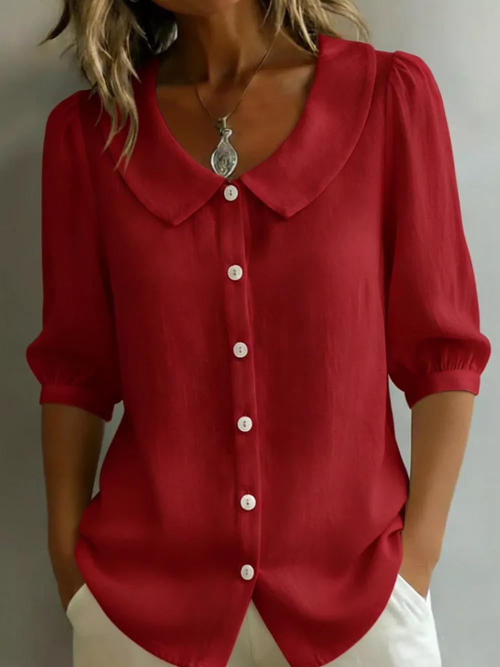 Full Size Peter Pan Collar Button Up Shirt Plus Size, image 2
