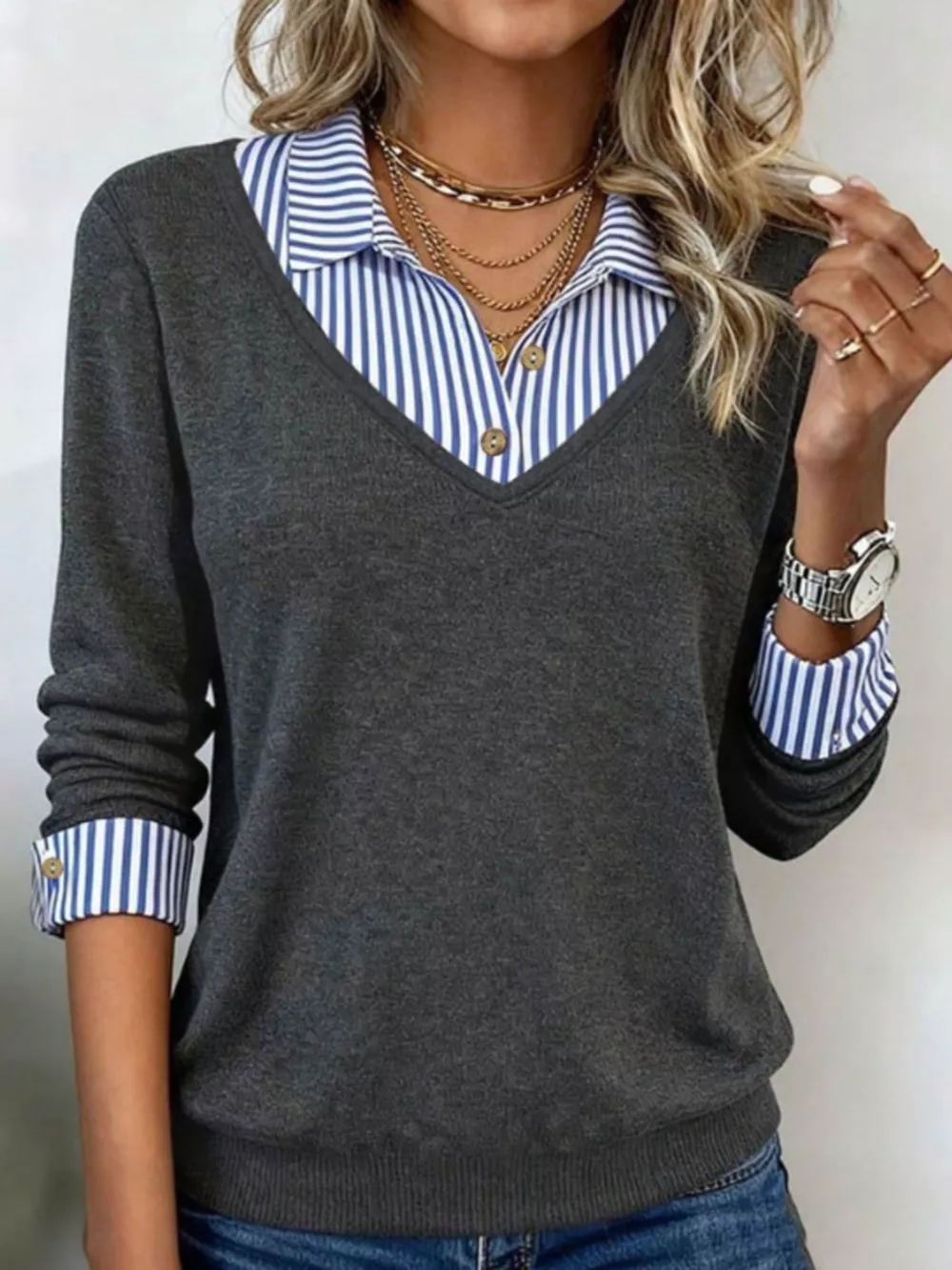Layered Look Striped Collar Long Sleeve Top, image 7