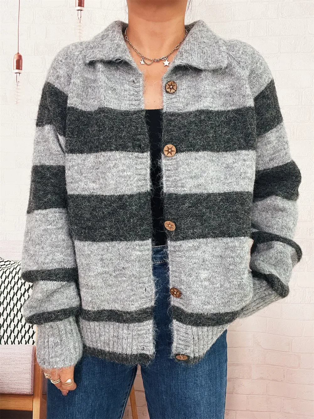 Striped Button-Up Cozy Cardigan, image 12