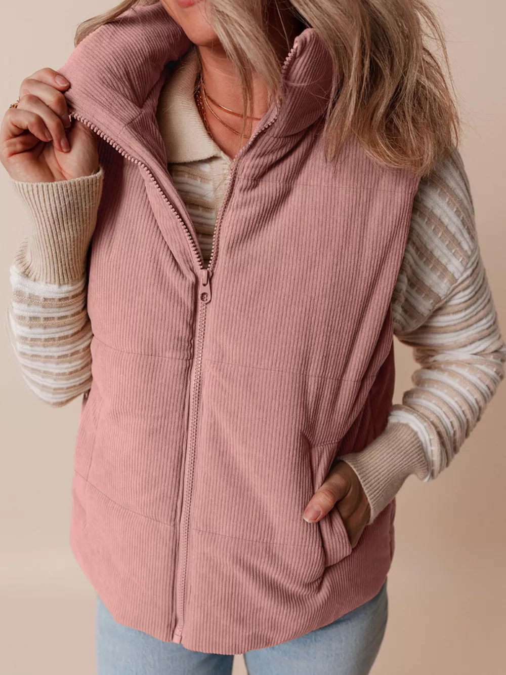 Corduroy Stand Neck Zipped Puffer Vest, image 10