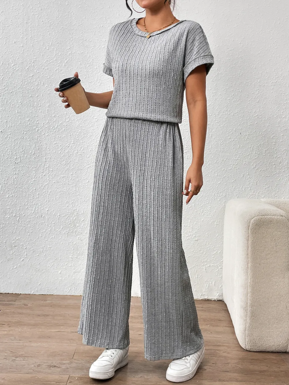 Round Neck Short Sleeve Top and Pants Set, image 5