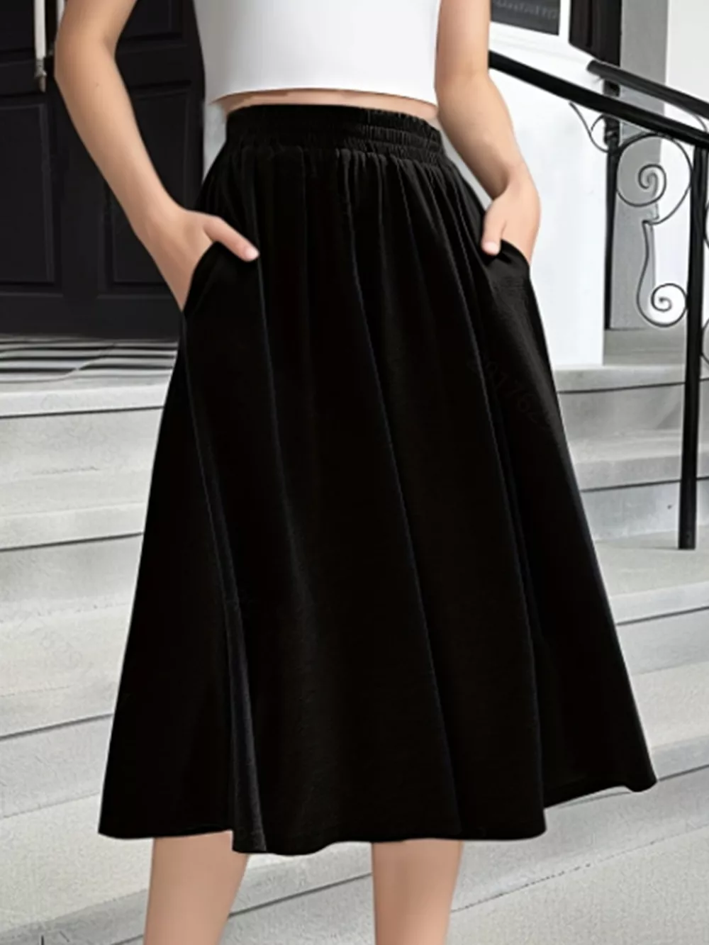 Elastic Waist A-Line Skirt with Pockets, image 5