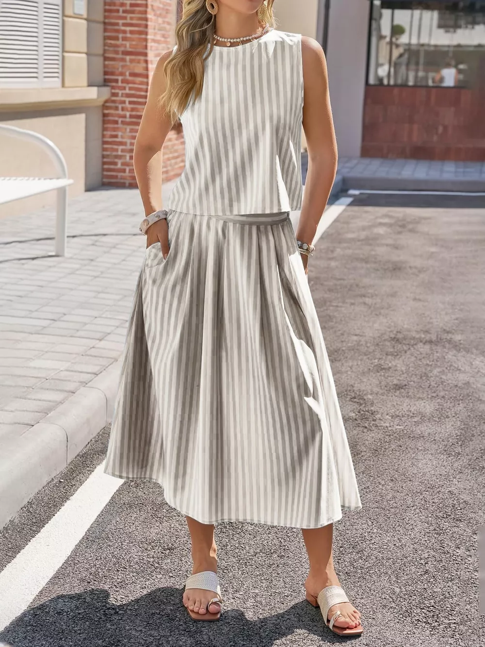 Striped Sleeveless Top and Midi Skirt Set, image 13