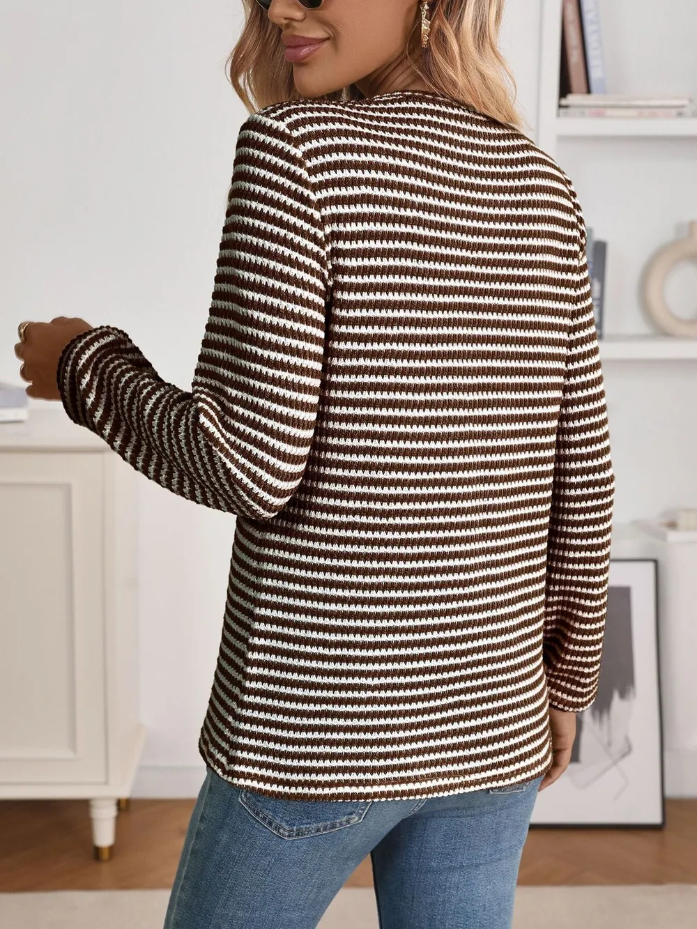 Striped Button Detail Long Sleeve Top, image 8