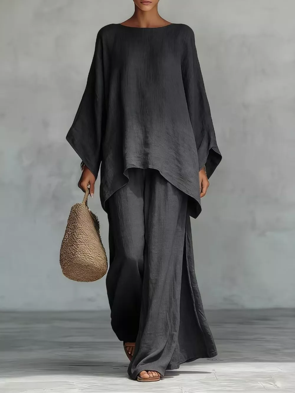 Full Size Round Neck Top and Wide Leg Pants Set Plus Size, image 7