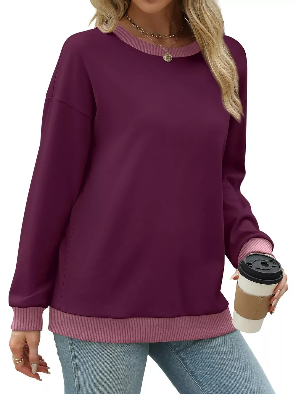 Contrast Trim Crew Neck Casual Sweatshirt, image 13