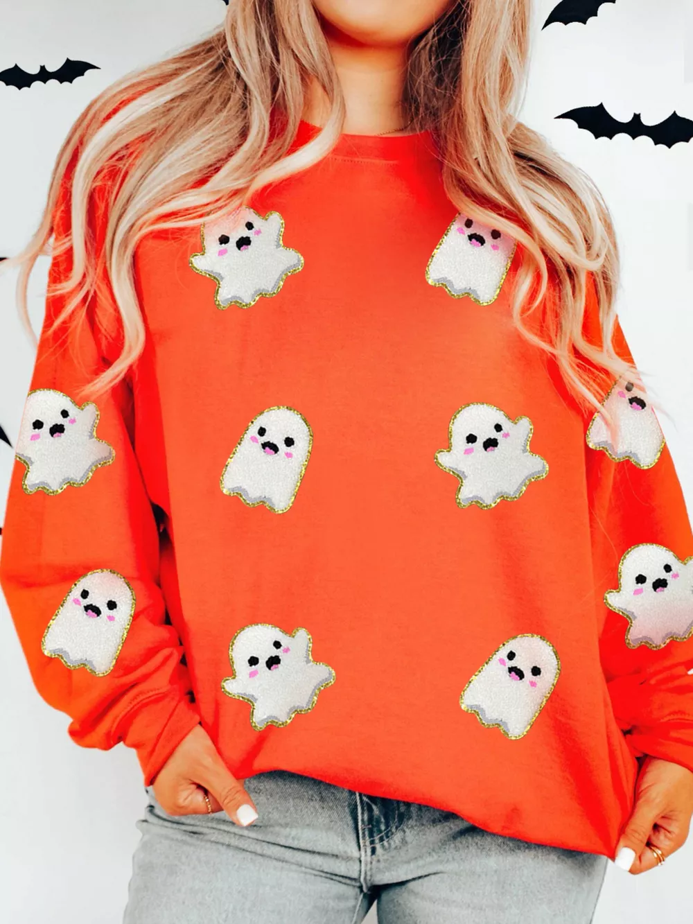 Halloween Ghost Patched Pattern Holiday Sweatshirt, image 3