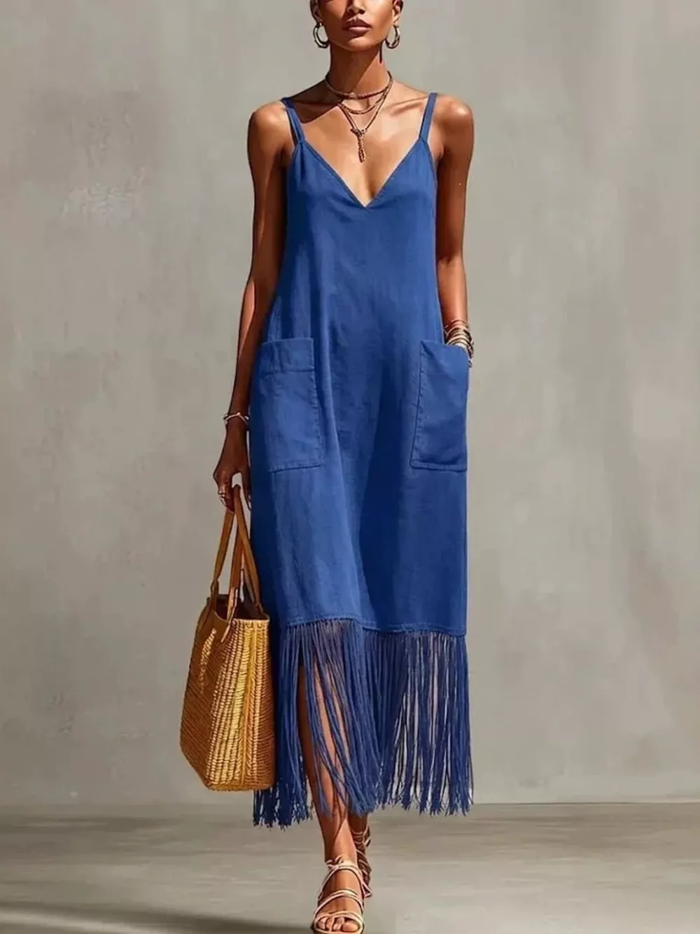 Full Size Fringe V-Neck Spaghetti Strap Dress Plus Size, image 2