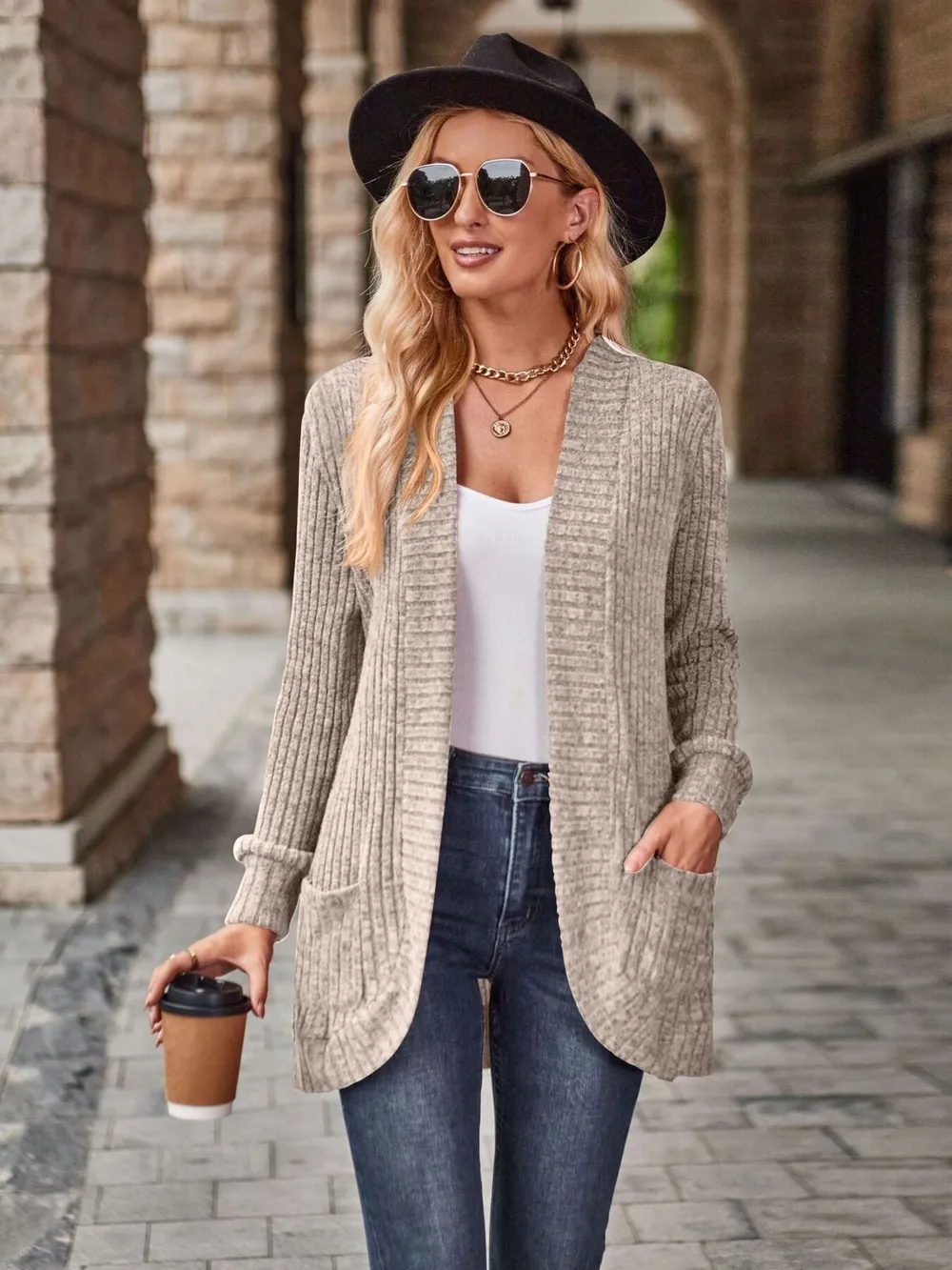 Ribbed Open Front Long Cardigan with Pockets, image 18
