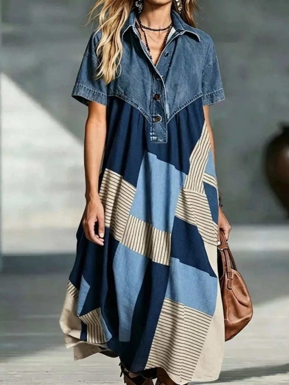 Full Size Denim Patchwork Printed Shirt Dress Plus Size, image 3