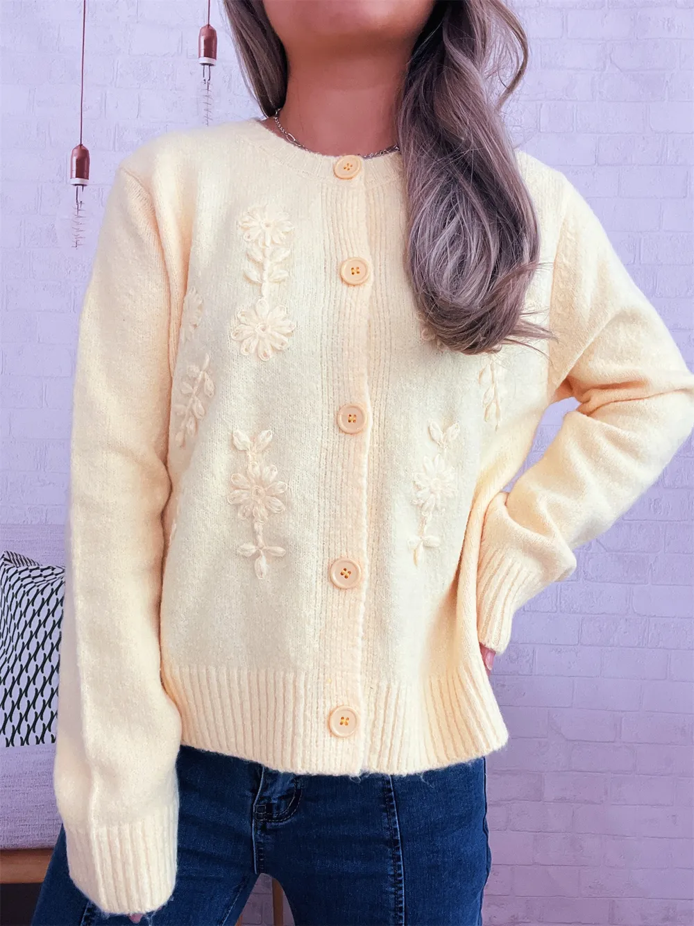 Flower Button Up Ribbed Hem Cardigan, image 23