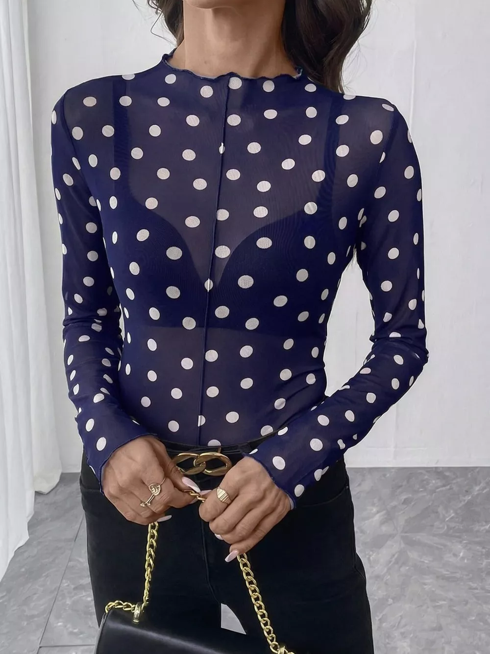 Sheer Polka Dot Long Sleeve Mock Neck Top, image 14