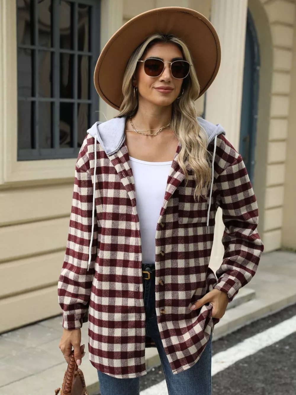 Plaid Button Up Long Sleeve Drawstring Hooded Jacket, image 20