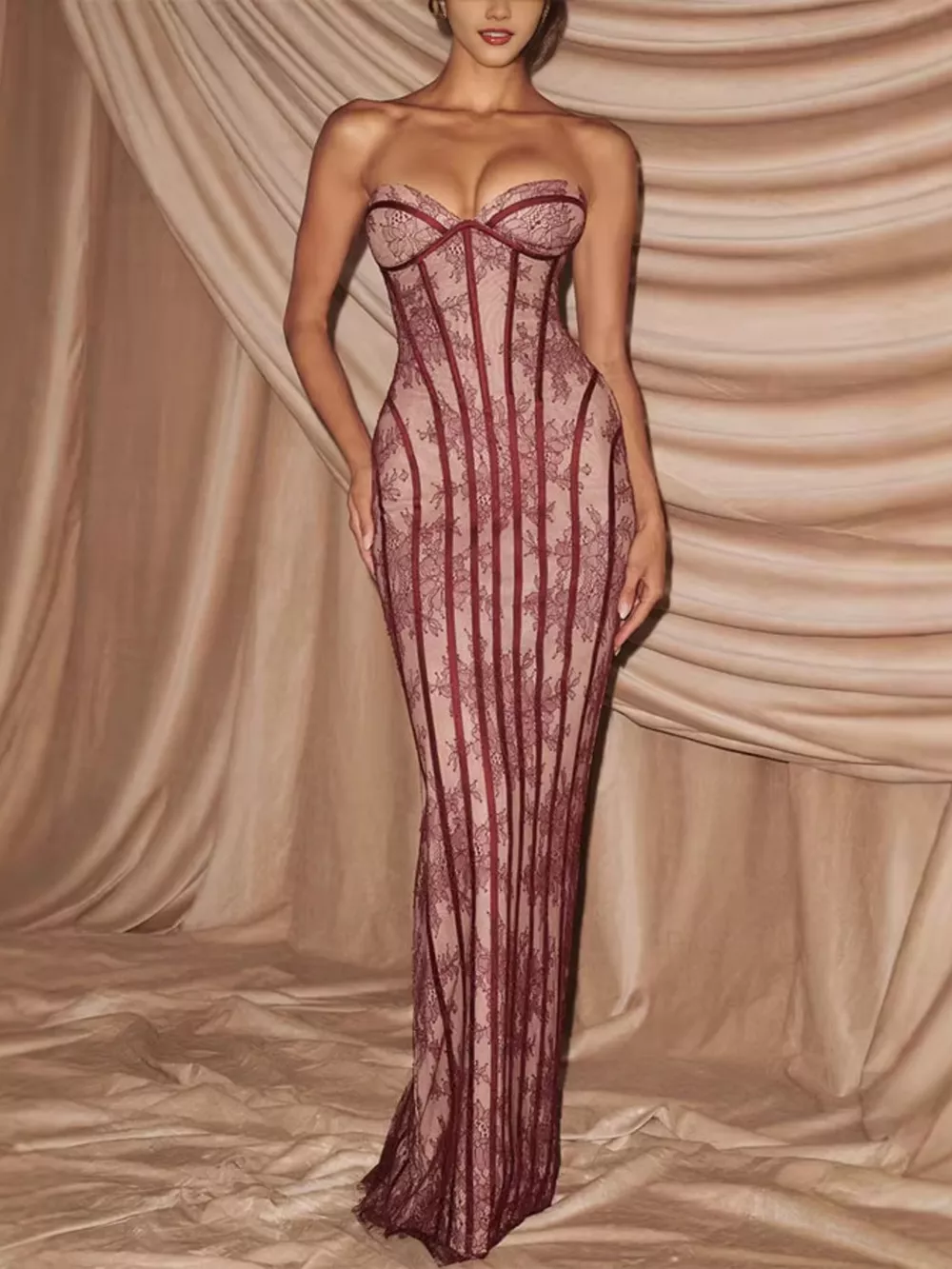 Lace Up Back Strapless Maxi Dress, image 2