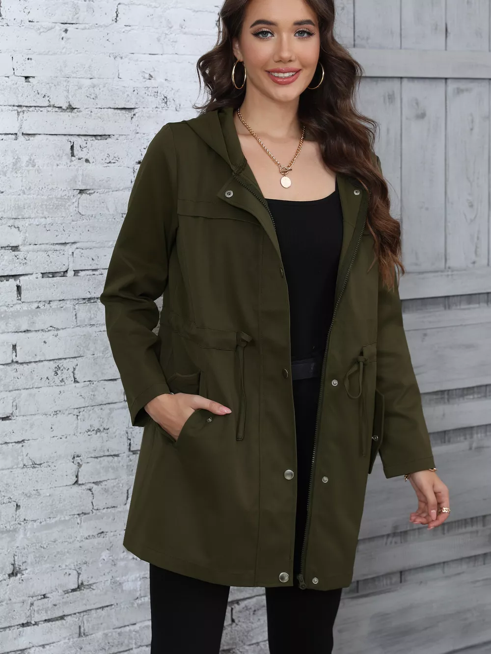 Hooded Drawstring Waist Casual Outerwear, image 5