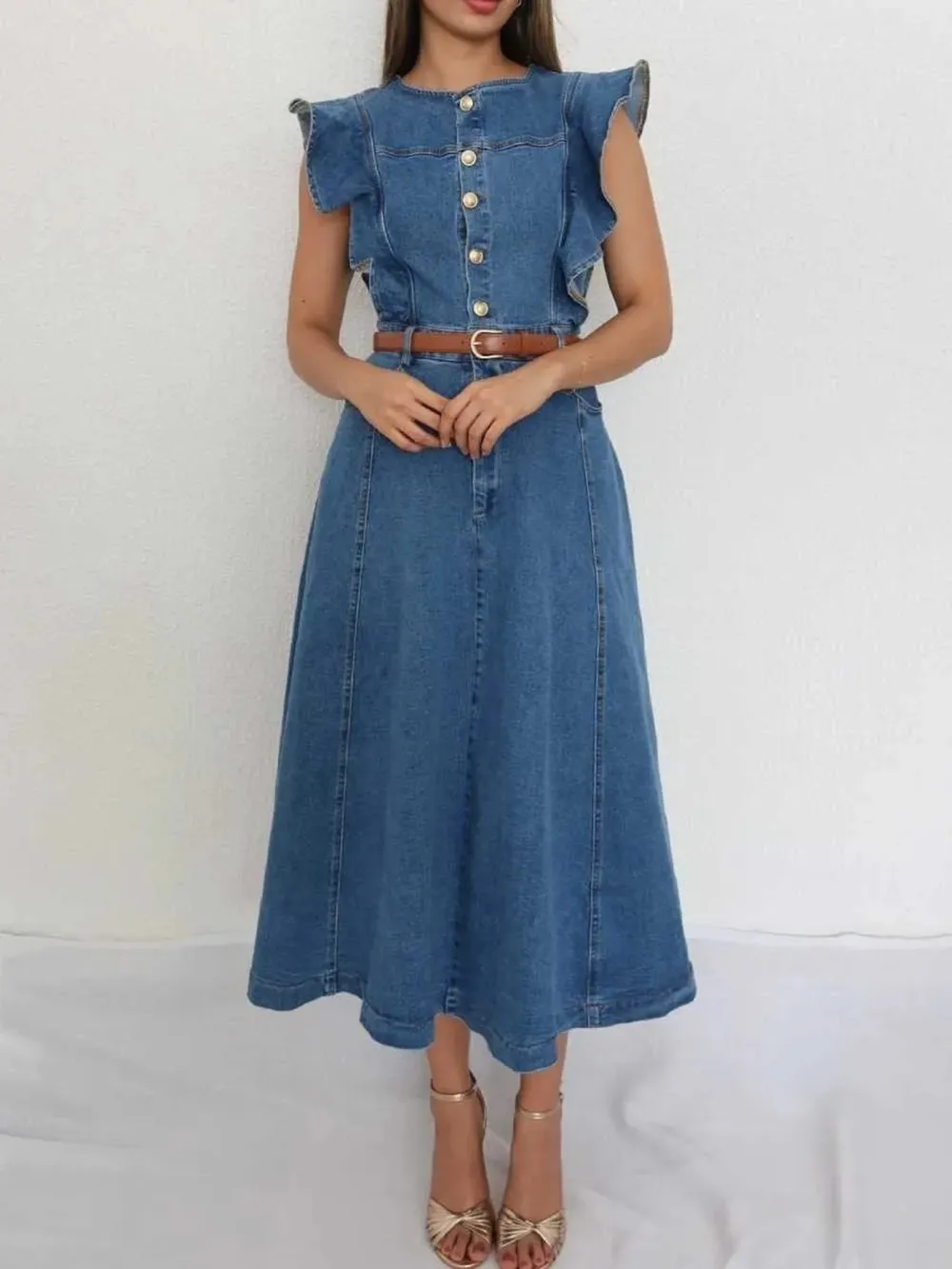 Button-Front Ruffle Sleeve Denim Midi Dress, image 3