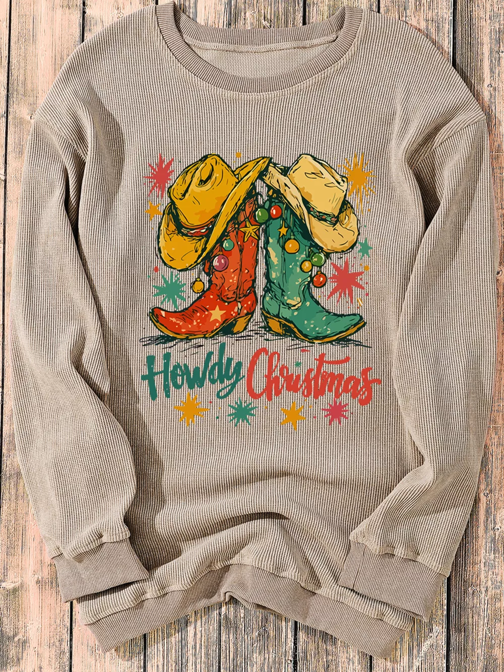 Howdy Christmas Cowboy Boots Graphic Corded Sweatshirt, image 3