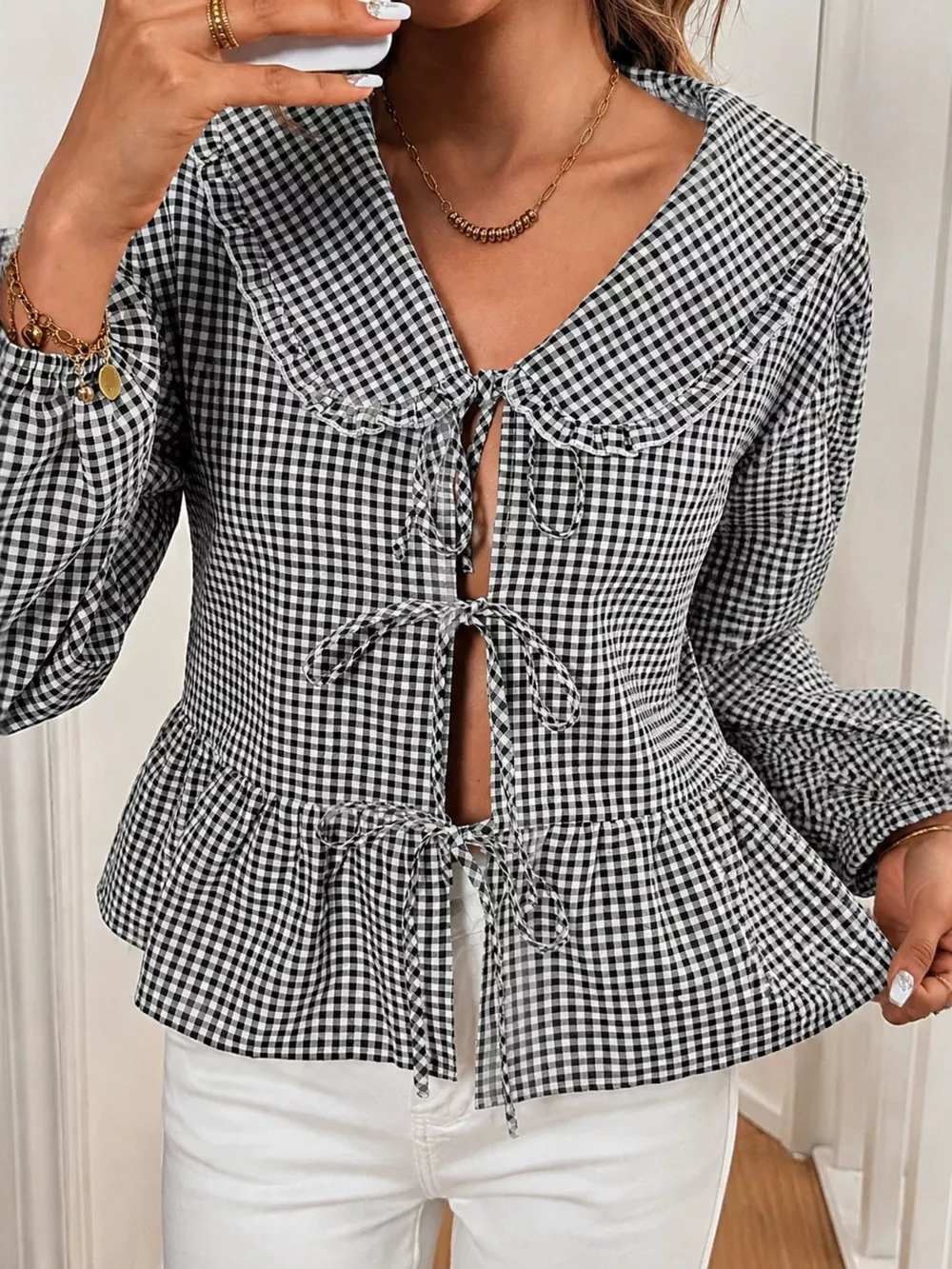 Gingham Tie-Front Peplum Blouse
