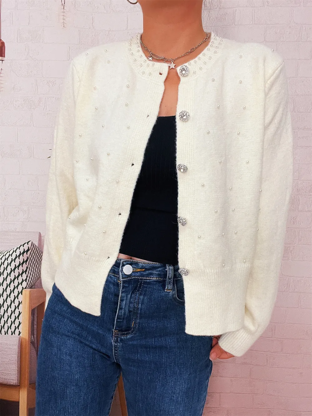 Pearl Detail Button-Front Cardigan, image 19