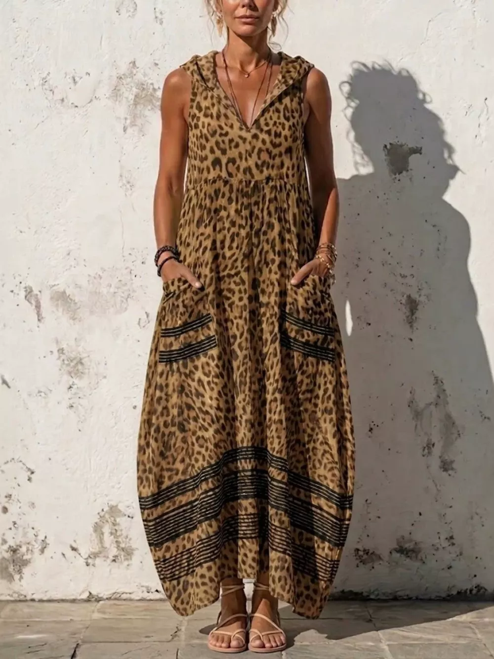 Full Size Sleeveless Hooded Leopard Print Maxi Dress with Pockets Plus Size, image 5