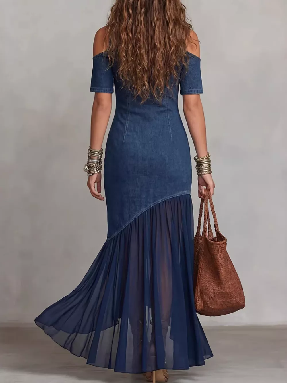 Mock Neck Cold Shoulder Ruffle Hem Maxi Dress, image 5