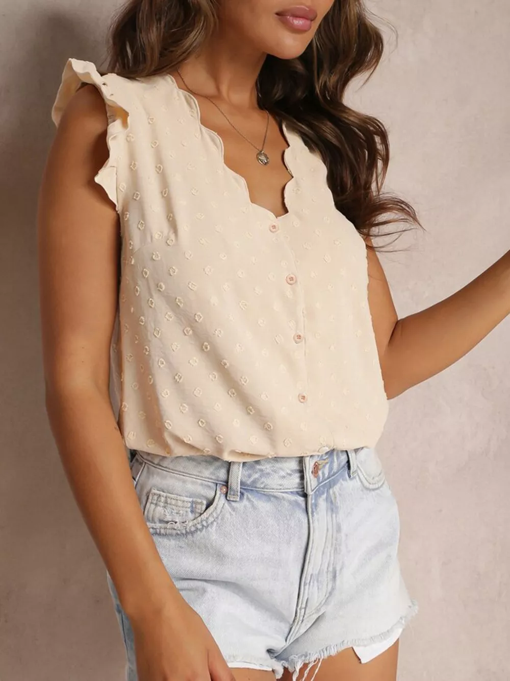 Swiss Dot Ruffled Button-Down Shirt, image 7