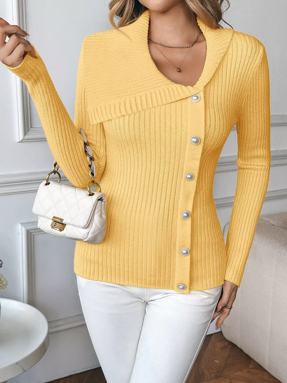 Asymmetrical Ribbed Button Up Cardigan, image 7