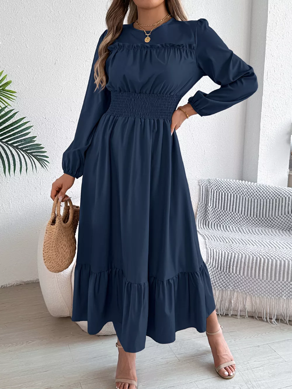 Round Neck Balloon Sleeve Tiered Dress, image 13