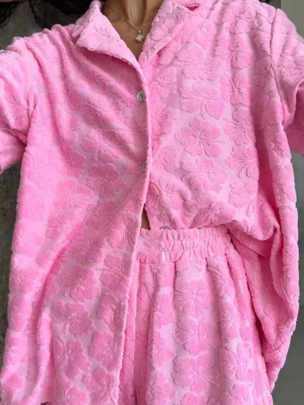 Floral Textured Button Up Shirt and Shorts Set, image 2