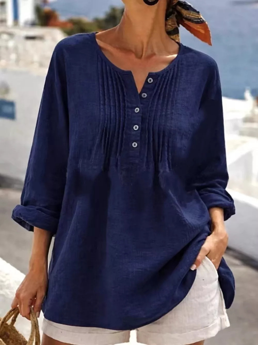 Casual Button Detail Long Sleeve Linen Shirt, image 10