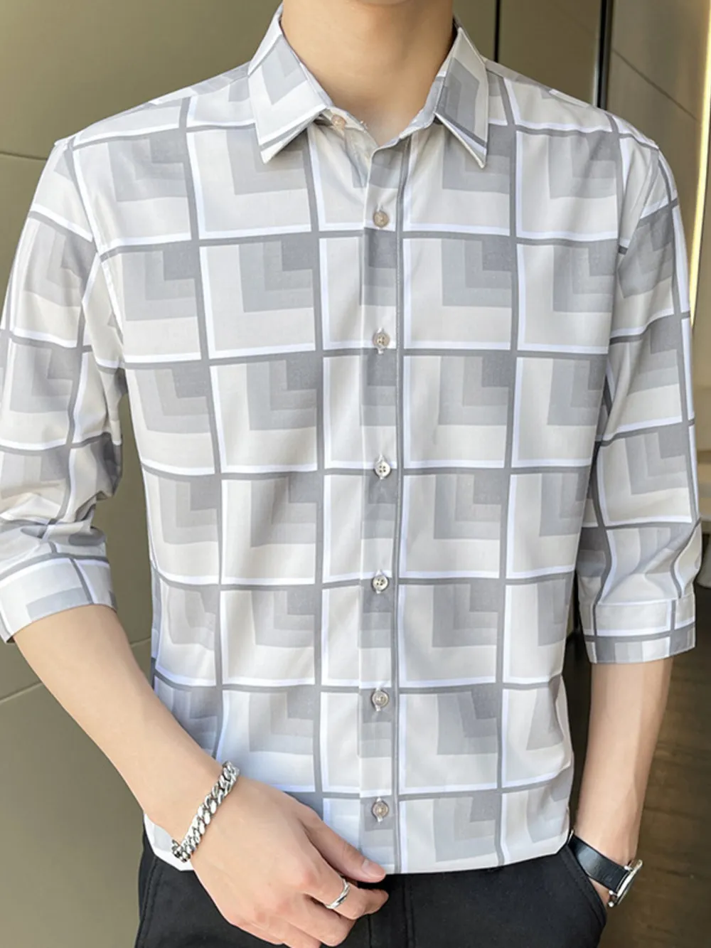 Men's Plus Size Geometric Pattern Button Up Casual Shirt, image 3
