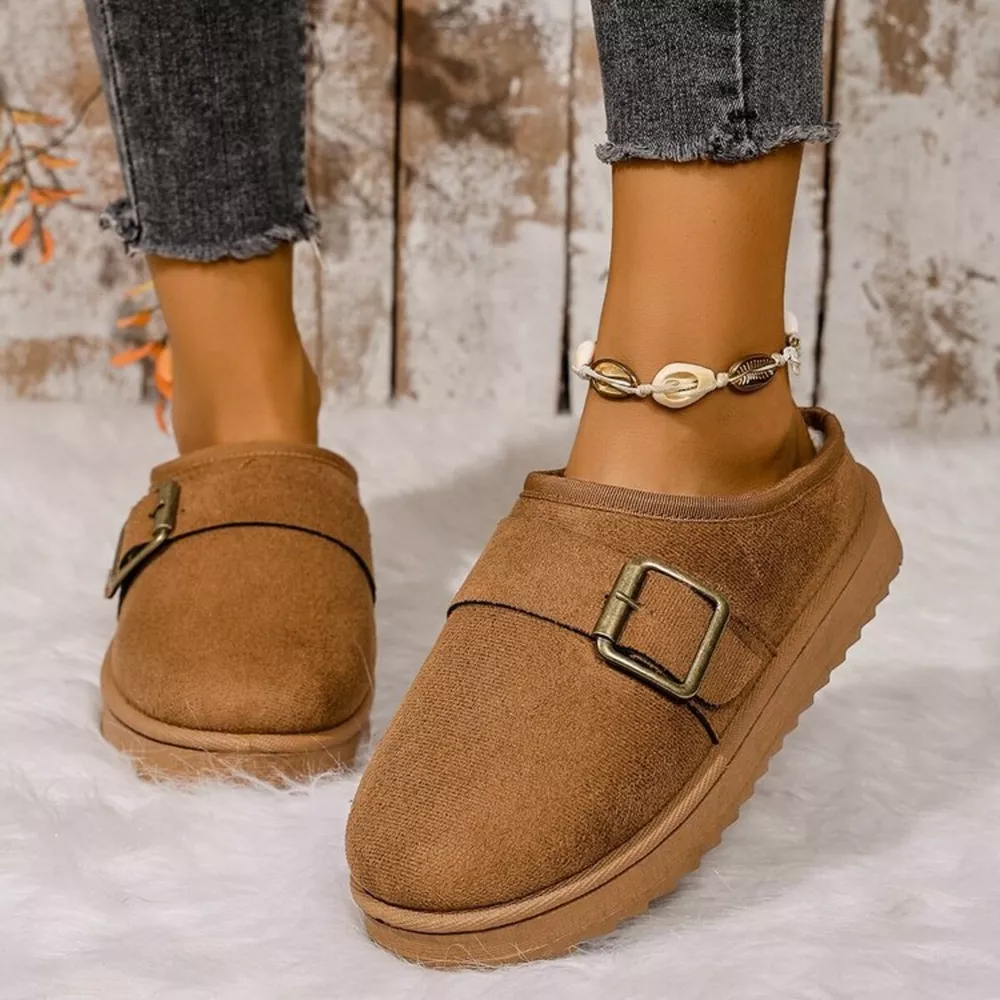 Buckle Decor Plush Lined Warm Slippers, image 4