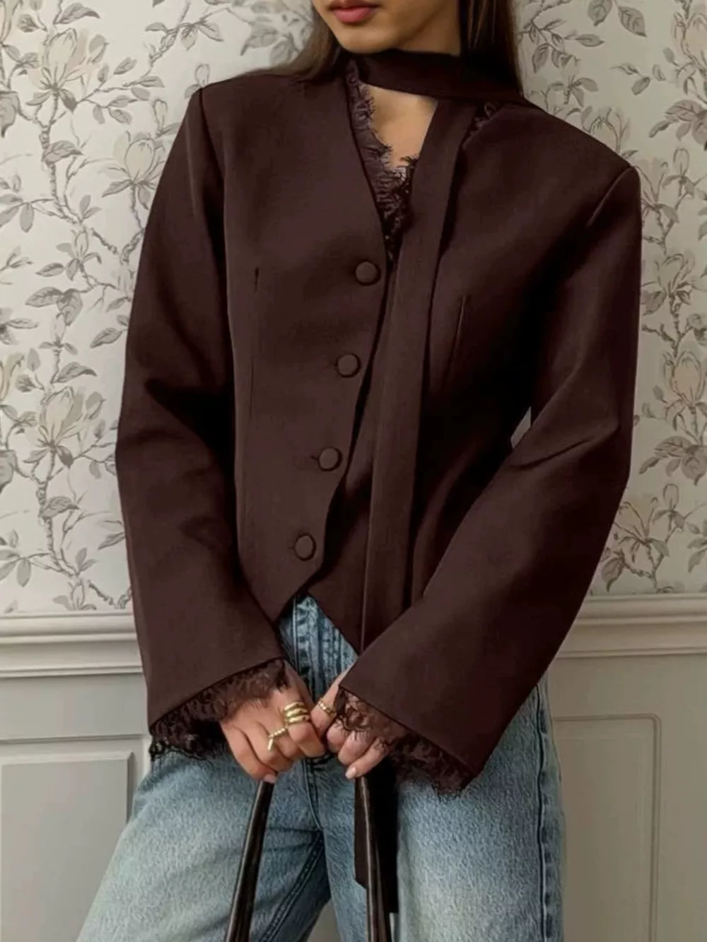 Lace Trim Button Up Blazer, image 7