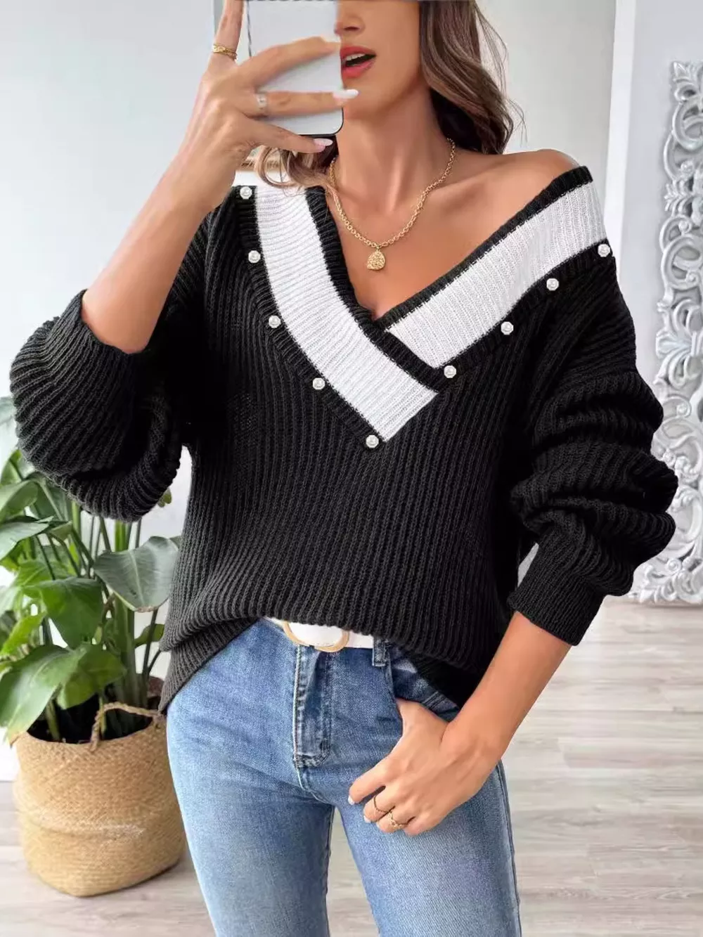 V-Neck Button-Decorated Sweater