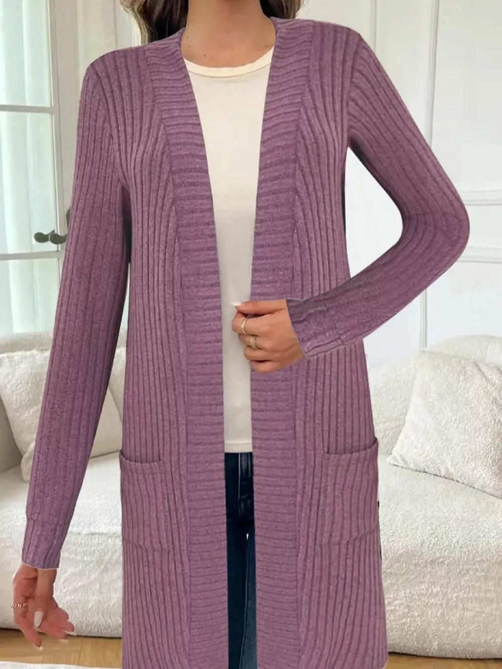 Ribbed Knit Open Front Cardigan, image 6
