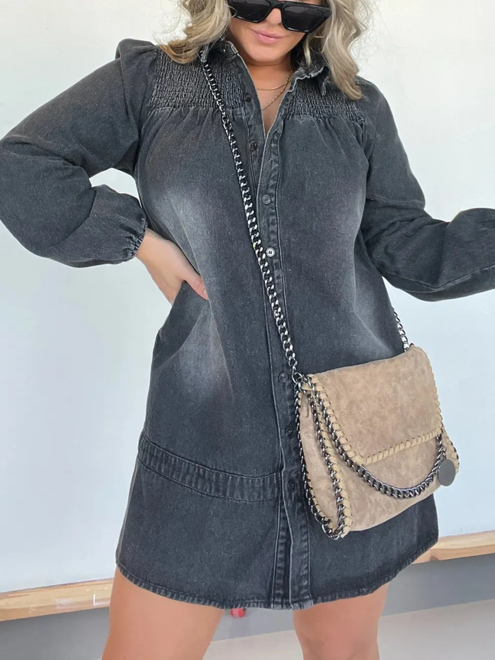 Full Size Button Front Long Sleeve Denim Dress Plus Size, image 10