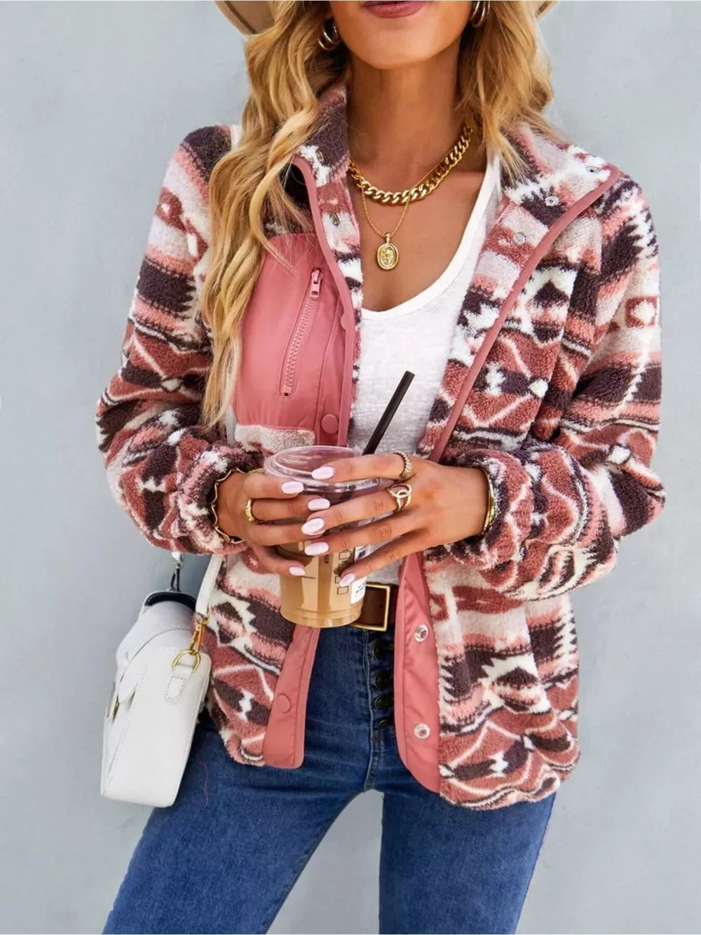Aztec Print Fleece Snap Down Jacket